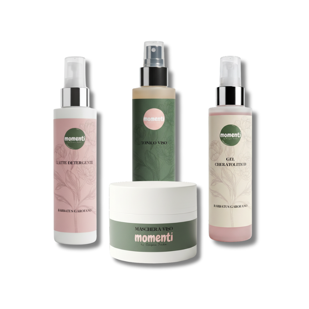 Bundle skincare detox Momenti con Latte Detergente, Tonico Viso, Gel Cheratolitico e Maschera Viso al Dianthus Barbatus per purificare e riequilibrare la pelle.